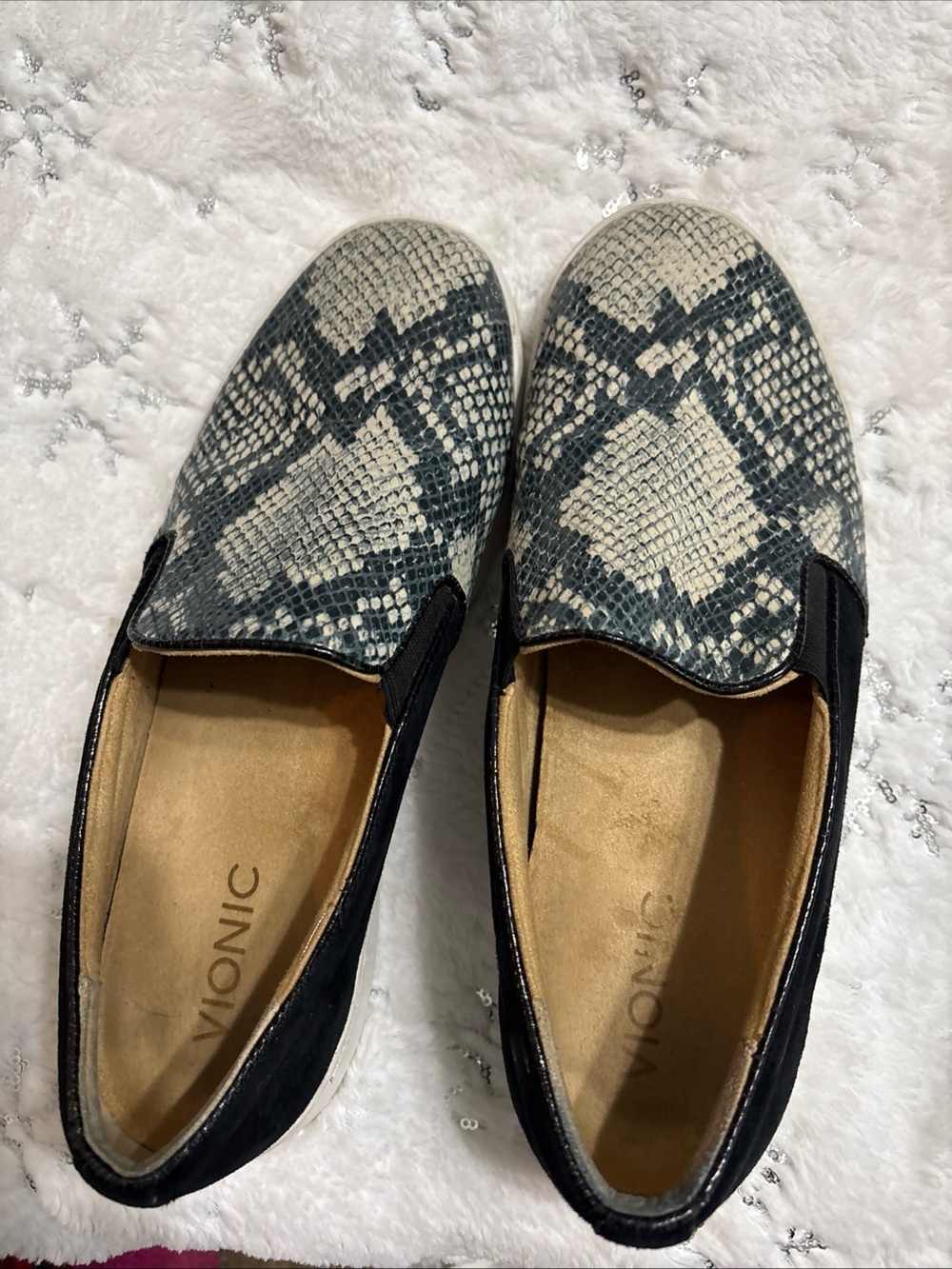 Vionic Men’s Slip-On Loafers in Black and Cream Snake Print